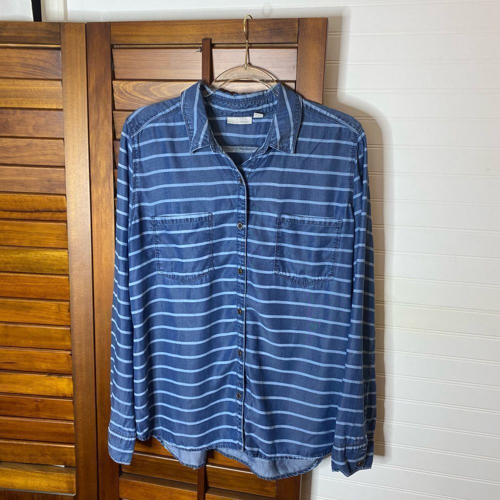 Anthropologie Halogen Striped Button Down Long Sleeve Jean Chambray Shirt Large